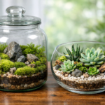 An open terrarium next to a closed terrarium.