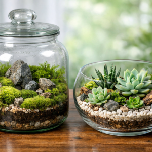 An open terrarium next to a closed terrarium.