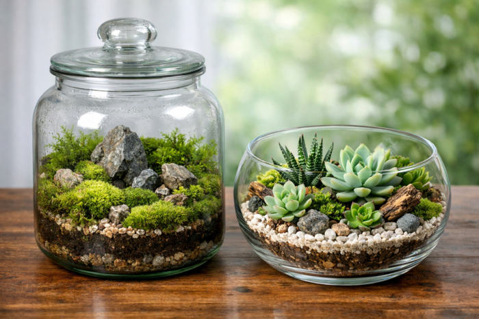 An open terrarium next to a closed terrarium.