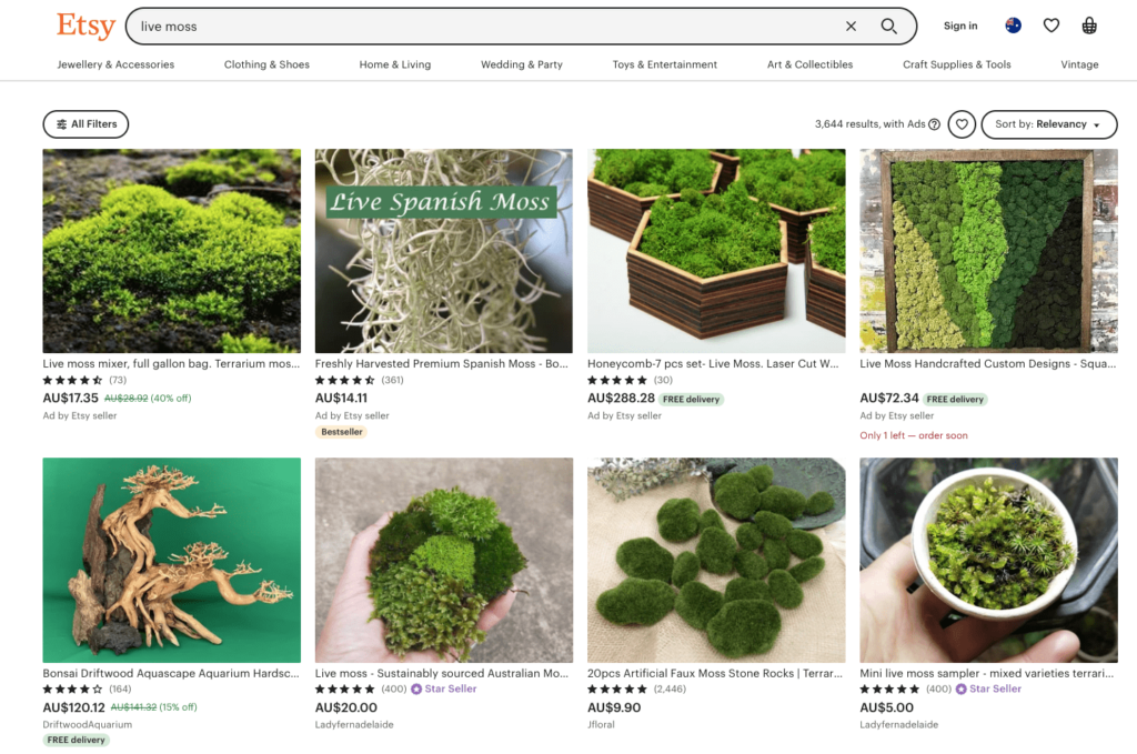 Live moss on Etsy