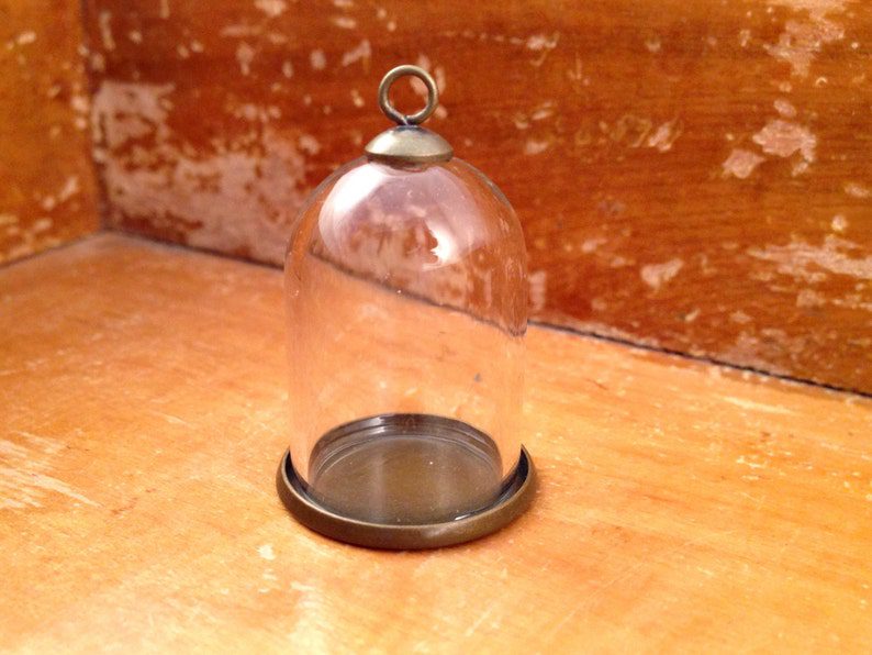 1 ~ Clear Small Dome Cloche Glass Bottle Pendant DIY Antique Bronze Smooth Base and Top Terrarium Bottle Charm Apothecary Jewelry Supplies