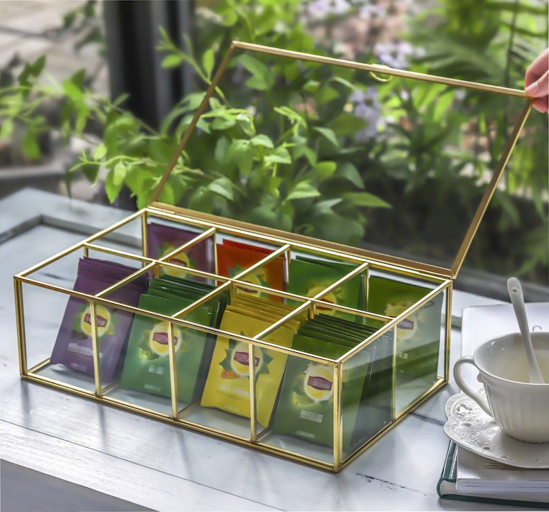 NCYP Glass Terrarium Box Tea Coffee Bag  Storage Organizer Jewelry Counter  8 Grids Compartments Handcrafted Brass Frame Display Case