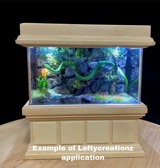 112 Dollhouse Terrarium/Reptile/Fish Tank With A Wood Stain Finish, Miniature Glass Stand & Lights