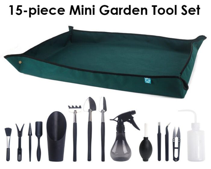 15 Pc Mini Garden Tool Set Transplanting Tools Miniature Succulent Hand Kit With Plant Potting Tarp Mat