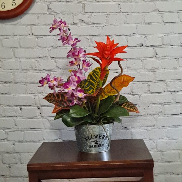 21" Gorgeous Tropical Floral Arrangement, Mini Orchids, Bromeliad, Croton & Preserved Moss in Metal Vase
