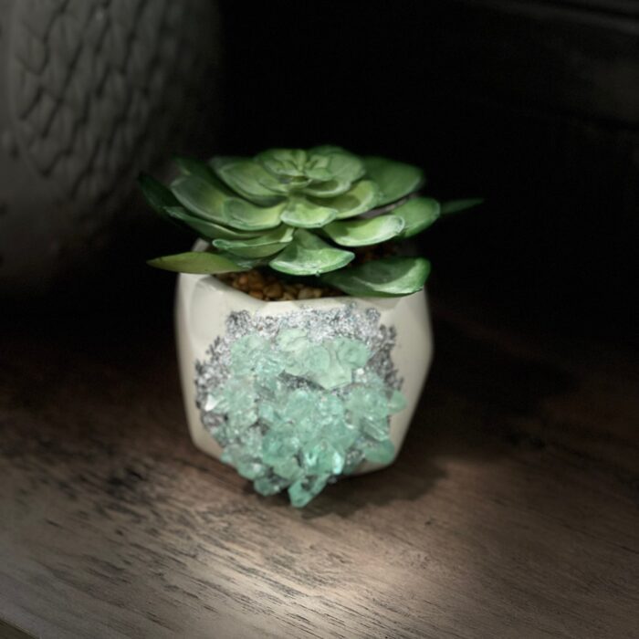 Aqua Mist - Ceramic Planter With Resin Crystals & Artificial Succulent