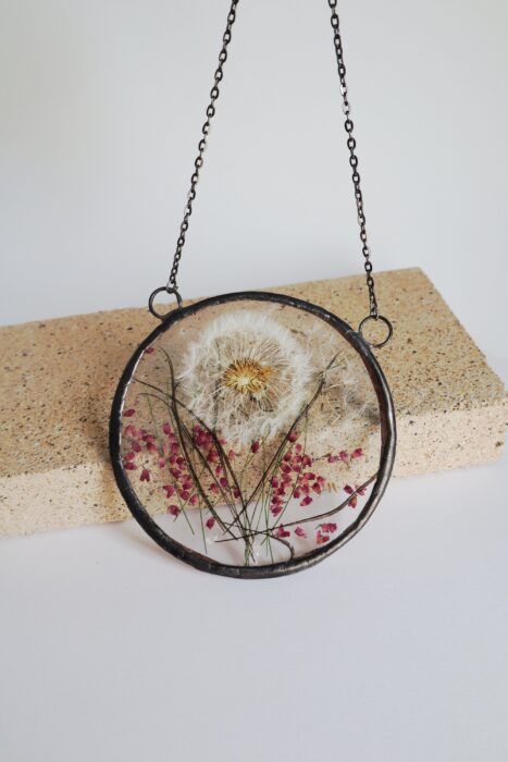 Circle Dandelion Seeds Stained Glass Window Hangings, Pressed Flower Frame Woodland Panel Home Decor Gift Terrarium Sun Catcher