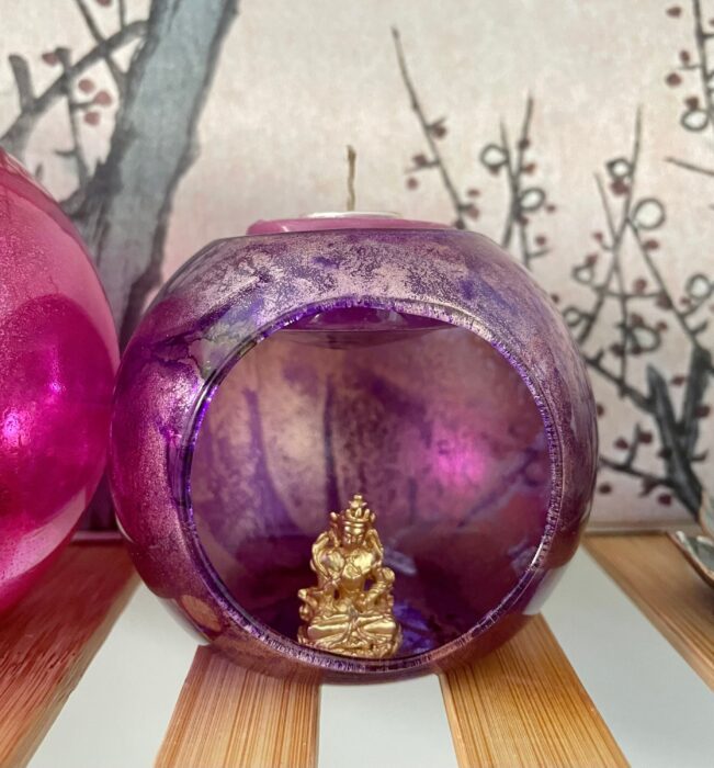 Cosmic Gold & Purple Painted Glass Candle Lantern/Terrarium - Small Globe For Tea Lights Votive