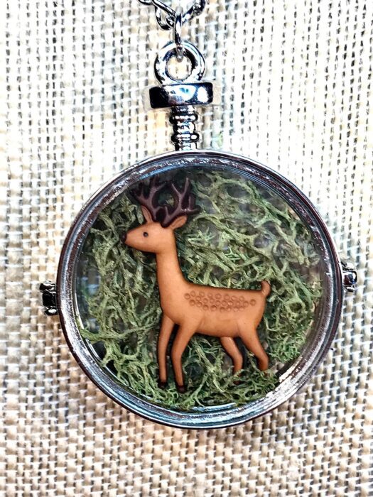 Deer Pocket Watch Necklace, Jewelry, Handmade Jewelry Gift For Her, Pendant, Terrarium Necklace With Moss, Glass Pendant