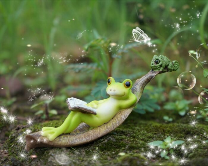Fairy Frog Reading Book Lie On Leaf With His Friend Lizard Gardens Accessories Miniature Fairies Terrarium Figurines