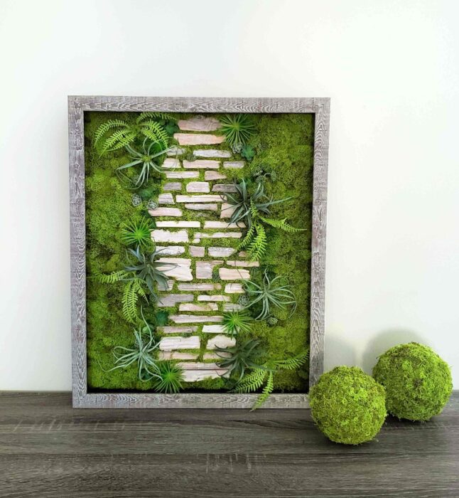 Faux Succulent Moss Wall Art, Farmhouse Preserved Moss Wall Picture, 21.5x17.5"