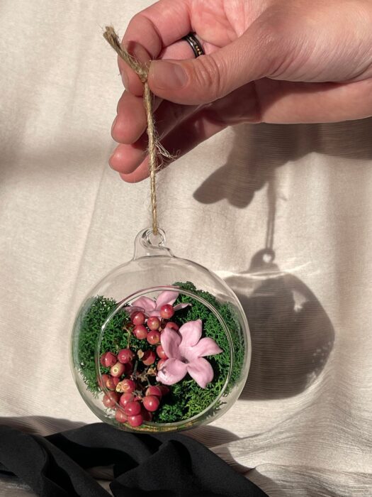 Glass Bauble. All Year Round Decoration Filled With Moss, Preserved Flowers, Dried Foliage