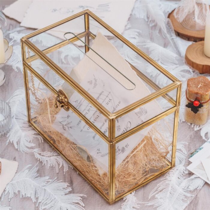 Handmade Vintage Geometric Glass Card Box With Slot Terrarium Latch For Wedding Reception