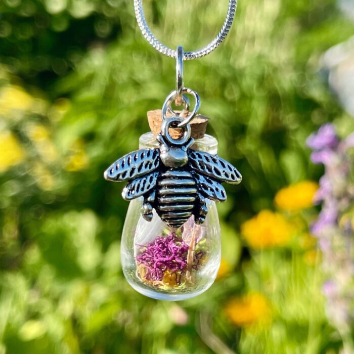 Honey Bee Terrarium Necklace | Bumblebee Charm Pendant Mini Glass Fairy Vial Garden Pollinator Gift Preserved Nature Cottagecore