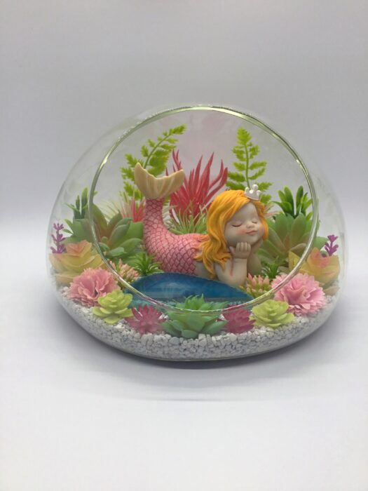 Mermaid Terrarium Kit - Artificial Succulent 7" Glass Dome Figurine