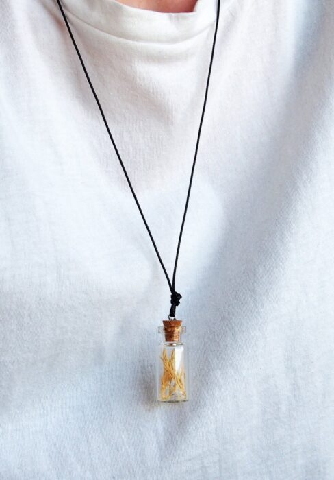 Mini Bottle Necklace With Spike Bentgrass, Enchanted Forest Necklace, Glass Vial Tiny Terrarium, Travel Protection Amulet
