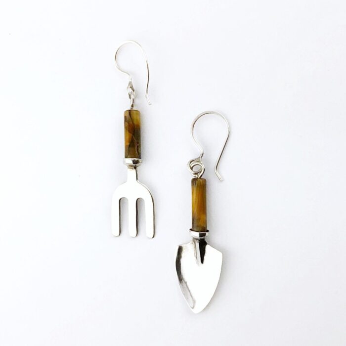 Mini Fork & Trowel Earrings With Tiger Eye, Garden Hand Tool in Sterling Silver, Gardener Gift