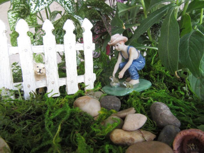 Miniature Fairy Garden Boy With Frogs Tiny Hedgehog in Barrel Animals Dog Fence Accessory Supply Resin Terrarium You Choose