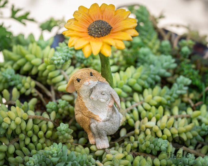 Miniature Fairy Small Two Rabbits With Sunflower Animal Figurines Garden Supplies & Accessories Terrarium