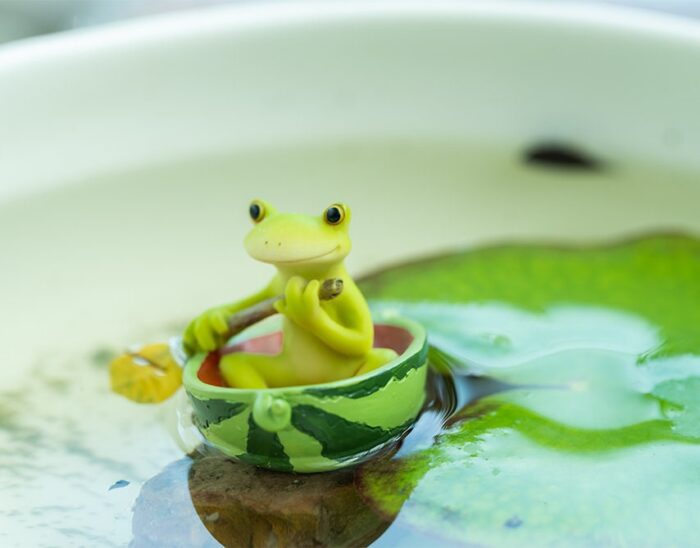 Miniature Yoga Frog Rowing On Watermelon Boat Fairy Garden Supplies & Accessories, Mini Animals For Fairies & Terrariums