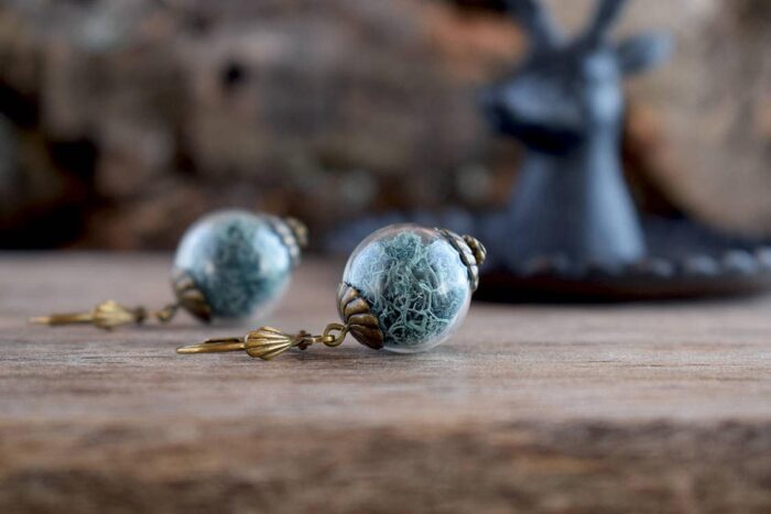 Moss Dangle Earrings, Teal Moss Jewelry, Blue Greenish Terrarium Glass Orb Real Nature Plant Jewelry