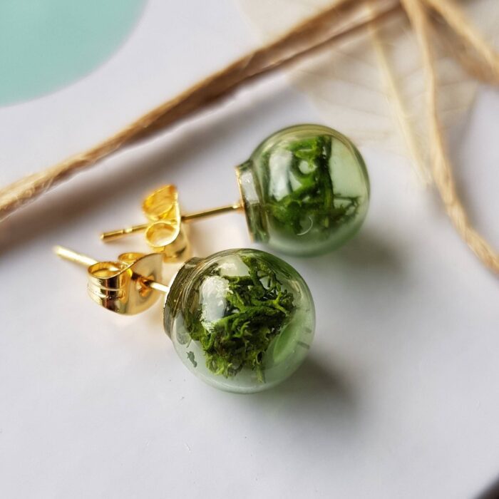 Moss Green Glass Stud Earrings/ Plant Theme Gifts Gardener Nature Lover Green Unique Jewellery Botanical Miniture Terrariums