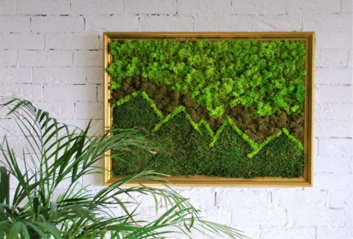 Mountain Moss Wall Art/Living Wall Golden Frame Green Decor Preserved Moss Mix Color Decoration