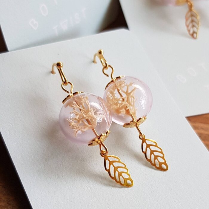 Pink Glass Terrarium Bead Earrings With Plated Gold Tone Hooks & Leaf Charm Dangles