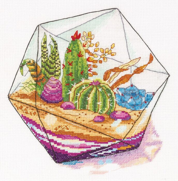 Plant Terrarium Cross Stitch Kit By Panna, Glass Bowl Of Plants , Cactus