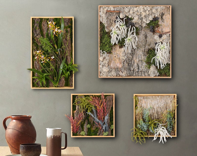 Preserved Moss Wall Art Nature Room Decor , Modern Wooden Frame Botanical Terrarium Creations