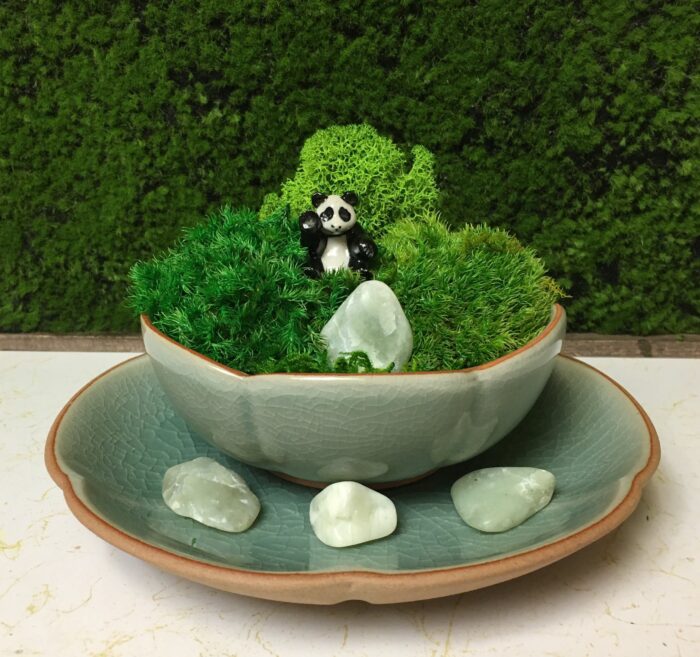 Preserved Moss in Hand Made Lotus Bowl With Panda