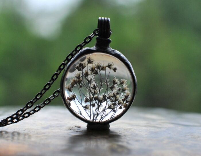 Pressed Flower, Breath Necklace, Terrarium Dried Plant Stained Glass