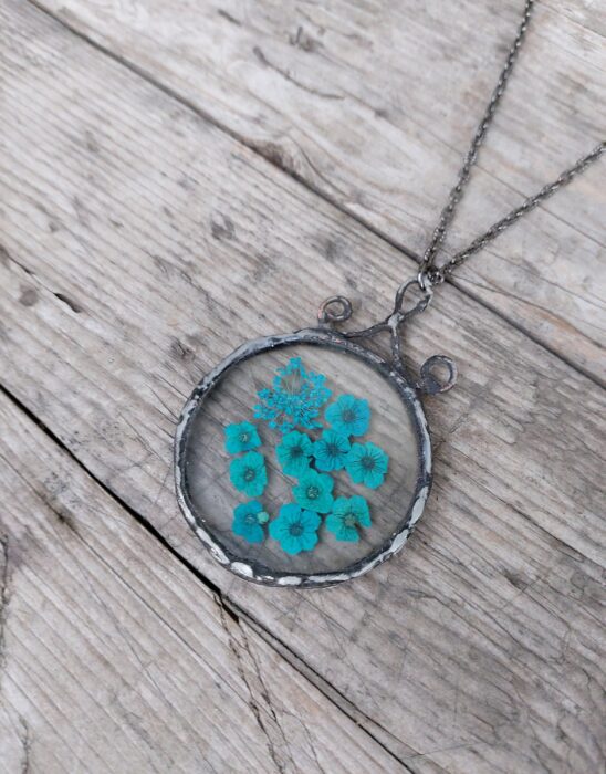 Pressed Flower Pendant, Botanical Jewelry, Terrarium Necklace, Real Stained Glass Pendant