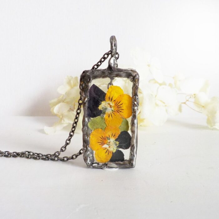 Purple & Yellow Pansies Terrarium Jewelry, Forget Me Not Botanical Necklace, Dried Flower Stained Glass Method