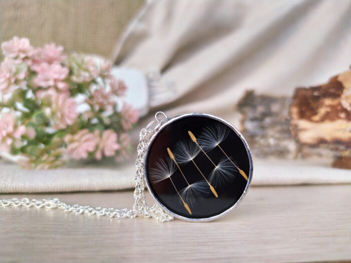 Real Dandelion Necklace Seed Jewelry, Stain Glass Round Pendant, Terrarium Jewelry Plant Necklace, Black Circle Pendant