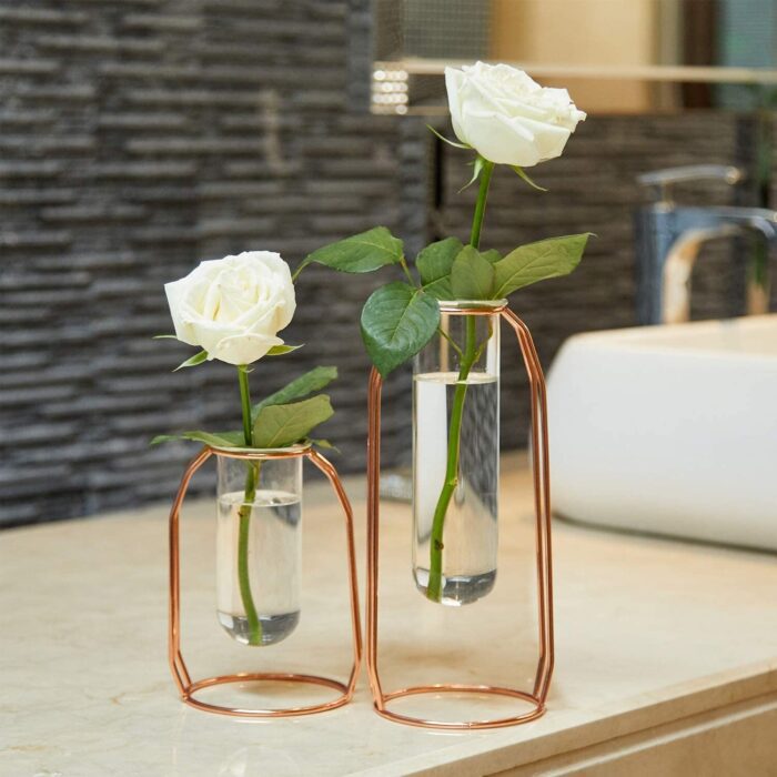 Set Of 2 Metal Flower Vase | Glass Planter Terrariums Gold Vases Rose Plant |Cylinder For Decor