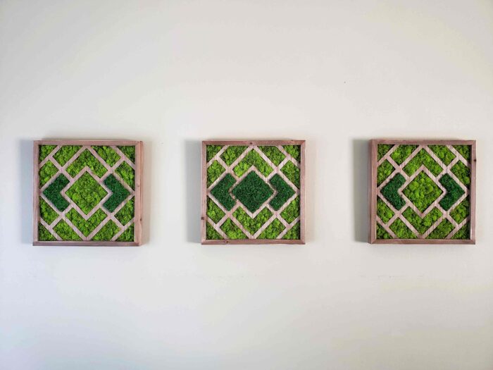 Set Of 3 Chevron Moss Wall Art, Geometric Panel, Preserved Rustic Decor