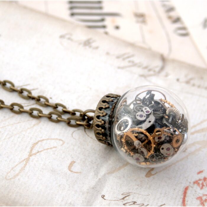 Steampunk Terrarium Necklace, Glass Ball Statement Necklace With Moveable Watch Parts