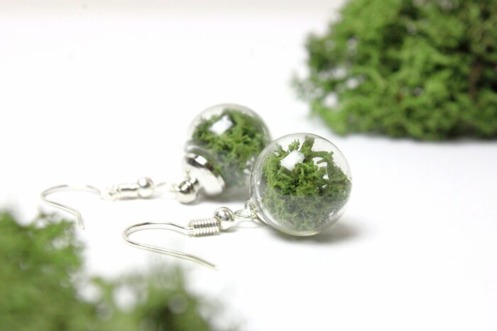 Terrarium Earrings | Preserved Moss Globe Pendant On Silver Plated Ear Wires Boho Fairy Jewelry