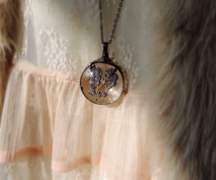 Terrarium Necklace, Lavender Purple Flowers, Herbs, Sphere Glass Pendant, Real Lavender, Bohemian Necklace
