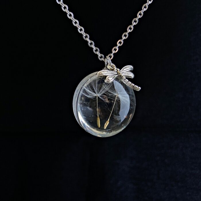 Two Dandelion Seeds in A Glass Sphere Necklace Real Terrarium Jewelry Dragonfly Charme Christmas Gift For Her Make Wish Pendant