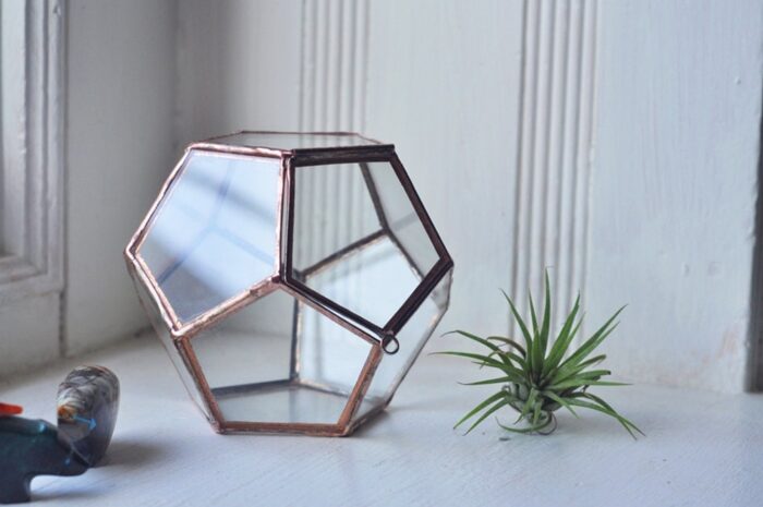 Universe Terrarium Kit, Small Dodecahedron Glass Terrarium With A Hinged Door Stained Copper Or Silver Color Eco Friendly