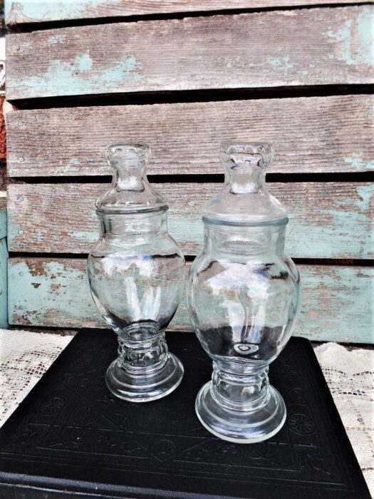 Vintage Glass Jar Jars Set Clear Apothecary Canister Round Knob Lid Mid Century Terrarium Vanity Containers Display