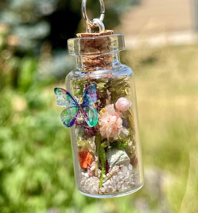Whimsical Butterfly Jar Necklace | Fairy Garden Pendant Mini Glass Cork Preserved Moss & Flowers Botanical Gifts Terrarium Jewelry