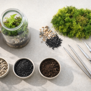 Beginner terrarium supplies including a closed glass jar terrarium, live moss and long planting tweezers used for building a small indoor ecosystem