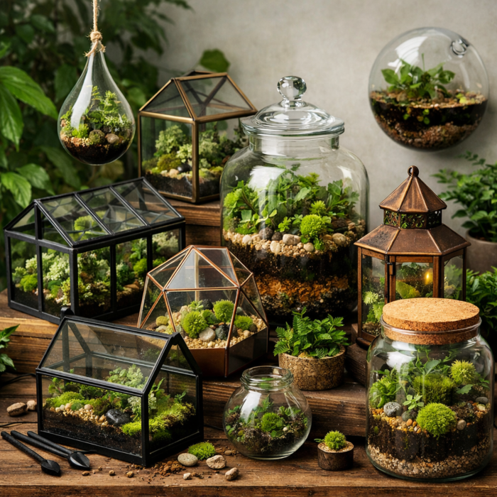 Collection of unique glass terrarium containers including geometric terrariums, greenhouse cases and moss terrariums used for indoor plant displays